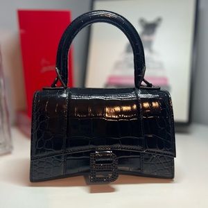 Balenciaga Hourglass XS Shiny Croc-Embossed top handle purse
